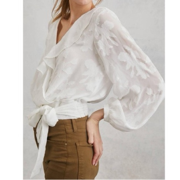 Anthropologie White Long-Sleeved Wrap Blouse - Picture 2 of 12